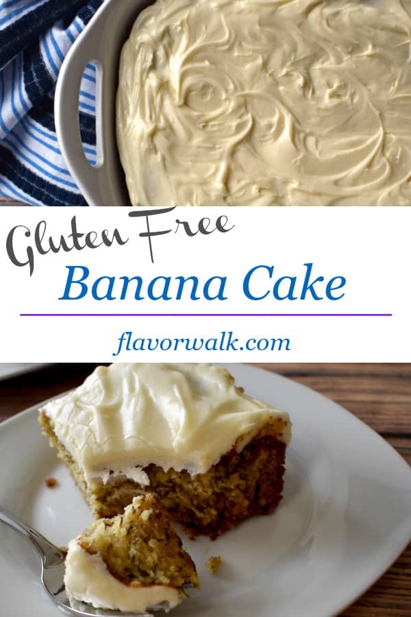 Gluten Free Banana Cake is super moist and tasty. It's delicious on its own, but the cream cheese frosting takes it to another level!