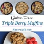 Triple Berry Gluten Free Muffins are bursting with fresh berries! These gluten free muffins are perfect for a breakfast treat or afternoon snack! #glutenfree #strawberry #raspberry #blueberry #muffins #breakfast #snack