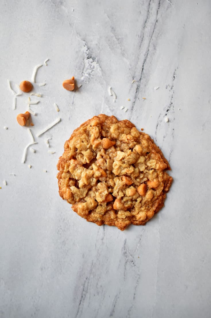 A Toasted Coconut Butterscotch Oatmeal Cookie on granite countertop with butterscotch morsels and coconut in top left corner