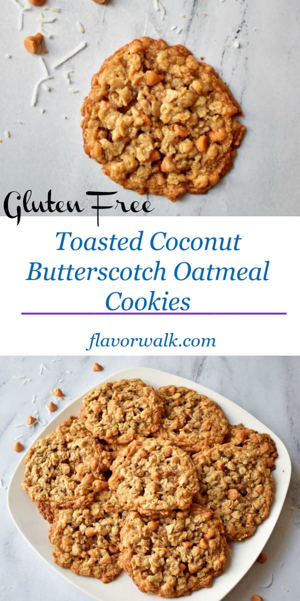 Toasted Coconut Butterscotch Oatmeal Cookies are sweet and chewy with a hint of coconut. This gluten free recipe is a new twist on an old classic. #glutenfree #coconut #butterscotch #oatmeal #cookies #sweets #snack #dessert