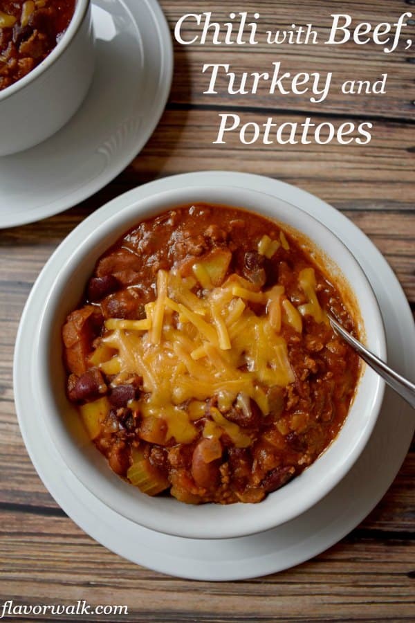 Chili with Beef, Turkey and Potatoes is hearty, full of flavor, and comfort food at its best. If you like chili, you'll want to give this recipe a try! Recipe from www.flavorwalk.com