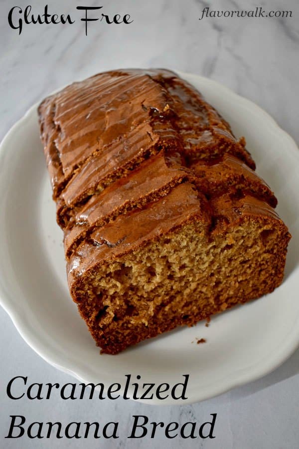 Caramelized Banana Bread is tender, moist, and delicious. The brown butter glaze adds a subtle layer of sweetness to this tasty quick bread. Recipe at www.flavorwalk.com #caramelizedbananabread #glutenfreebananabread