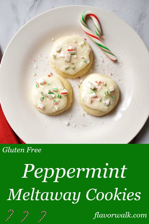 Gluten Free Peppermint Meltaway Cookies are sweet, tender, and easy to make. This simple frosted cookie, topped with candy, is melt-in-your-mouth delicious! Recipe at www.flavorwalk.com #glutenfreecookies #meltawaycookies