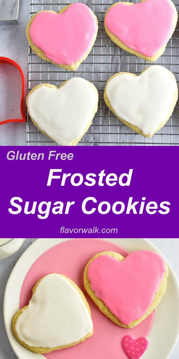 These frosted sugar cookies are soft on the inside and crisp around the edges. The almond flavored frosting makes them perfectly sweet and melt-in-your-mouth delicious. No one will guess they're gluten free! Recipe at www.flavorwalk.com #glutenfreecookies #frostedsugarcookies
