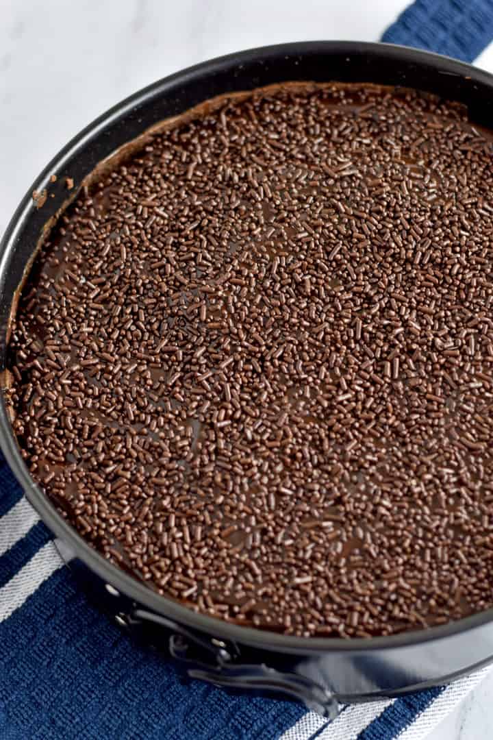 Overhead view of Chocolate Brownie Cheesecake {Gluten Free} in springform pan