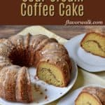 This Sour Cream Coffee Cake Recipe, topped with a delicate glaze, is so light and refreshing no one will guess its gluten free. A must try for coffee cake lovers, this tender dessert is perfect as a breakfast treat or after dinner indulgence. #glutenfreecake #coffeecake #glutenfreedessert