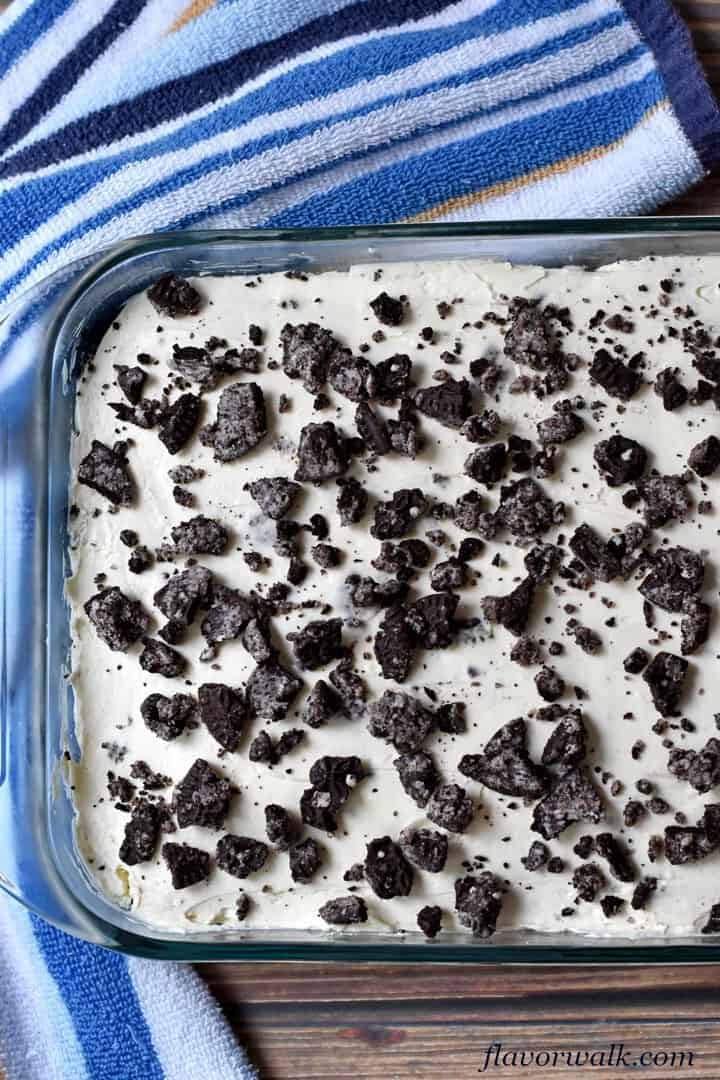 Overhead view of 9 x 13 glass pan filled with No Bake Oreo Cheesecake Recipe