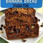 Looking for a dressed-up version of the standard banana bread recipe? You have to try this gluten free chocolate chip banana bread. The chocolate and nuts give the quick bread a sweet delicious flavor. #glutenfreerecipes #chocolatechipbananabread