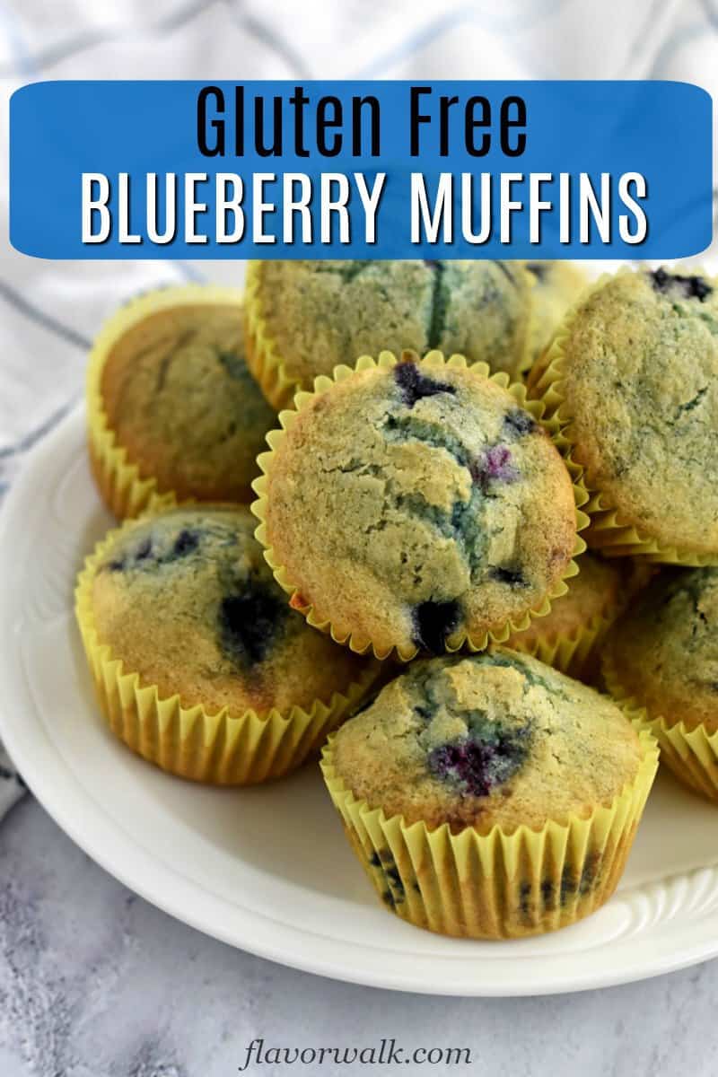Gluten free blueberry muffins on white plate with text overlay near top
