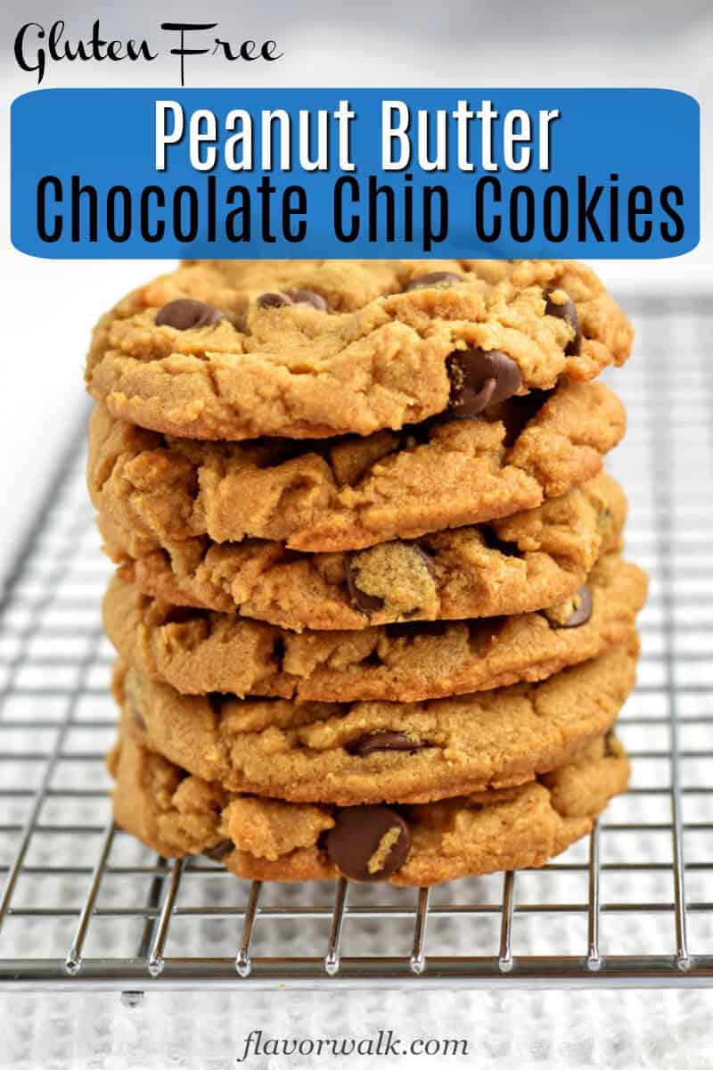 Stack of gluten free peanut butter chocolate chip cookies on a wire rack with text overlay at the top