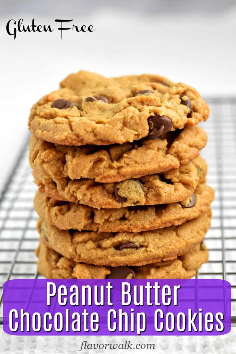 Stack of gluten free peanut butter chocolate chip cookies on a wire rack with text overlay at the bottom