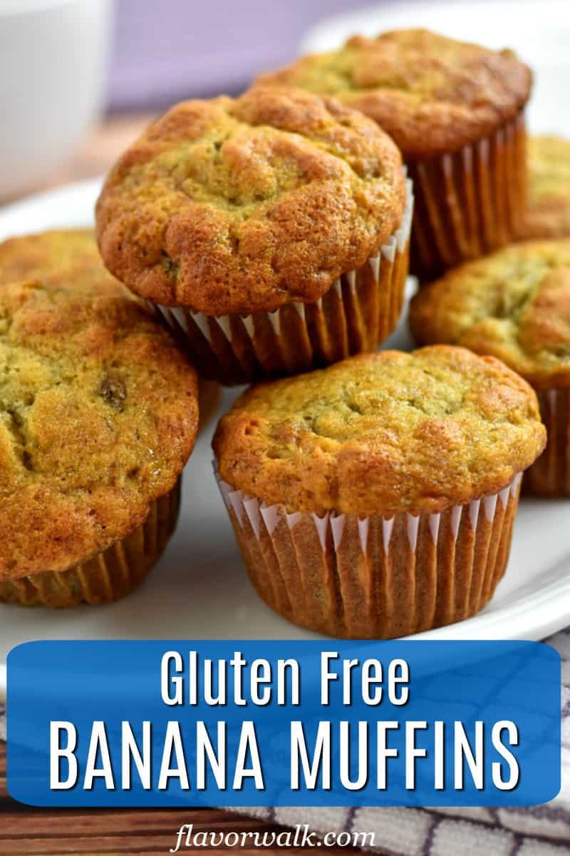 Stack of gluten free banana muffins on white plate with blue text overlay near the bottom