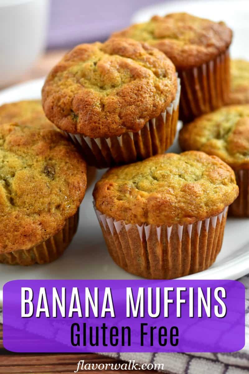 Stack of gluten free banana muffins on white plate with purple text overlay near the bottom