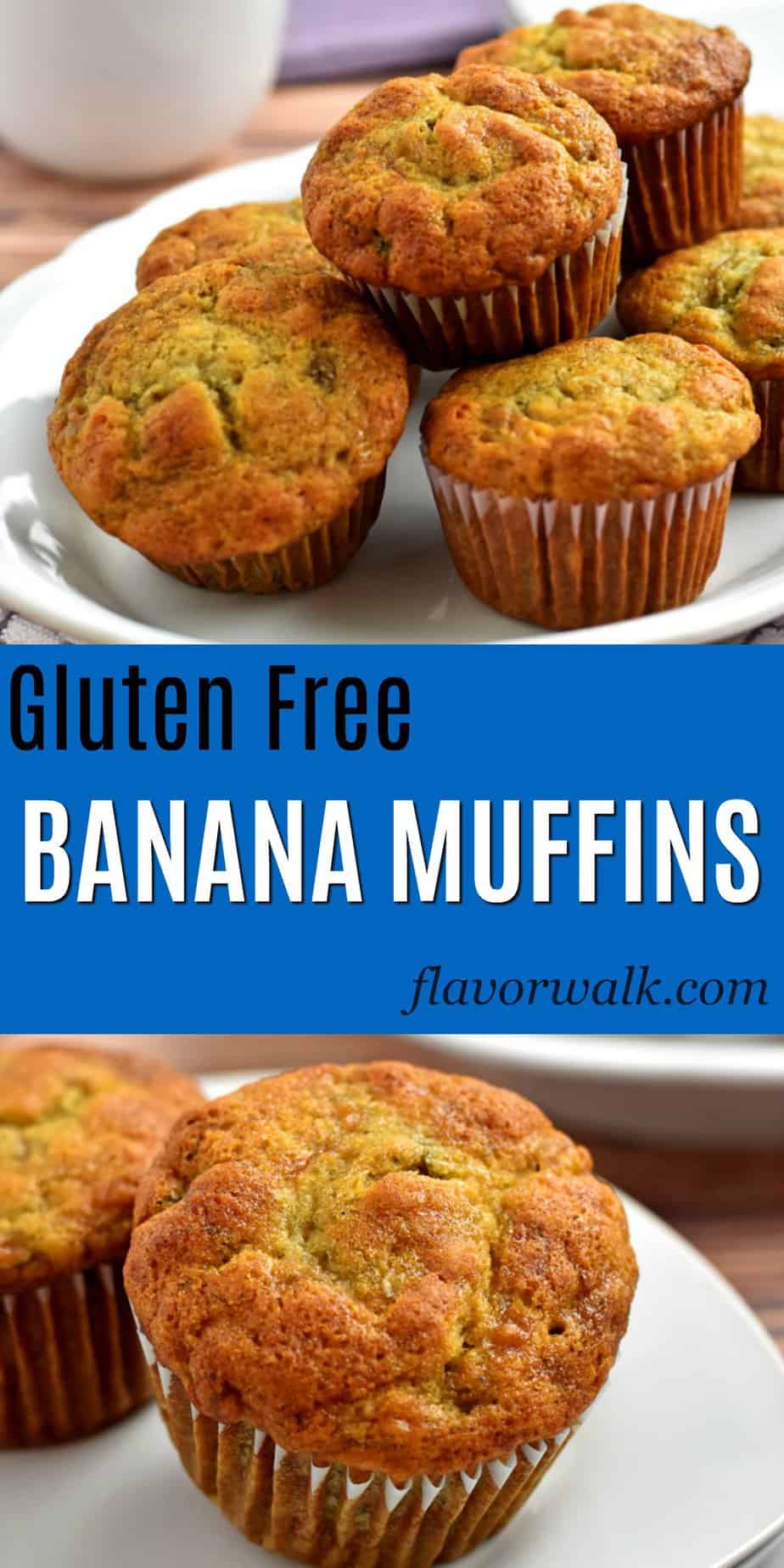 top image is a stack of gluten free banana muffins on white plate, bottom image is a close up of a banana muffin with blue text overlay between the images