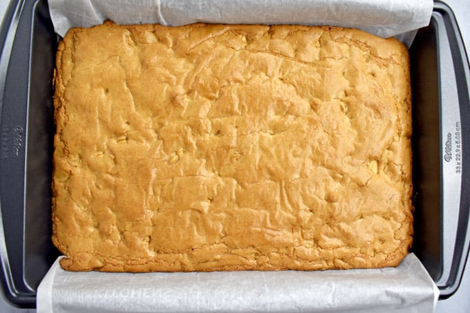 Overhead view of a pan of baked Gluten Free Blondies