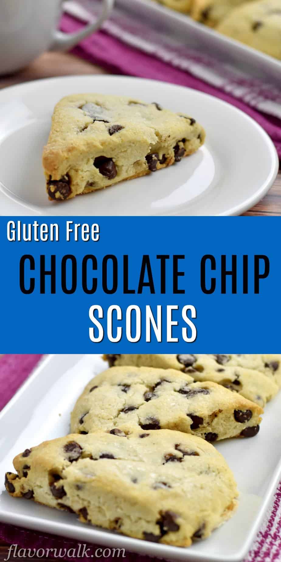 Top image is 1 gluten free chocolate chip scone on white plate with more scones and white coffee cup in background, bottom image is 3 scones on white rectangular plate, and middle image is text overlay on blue background