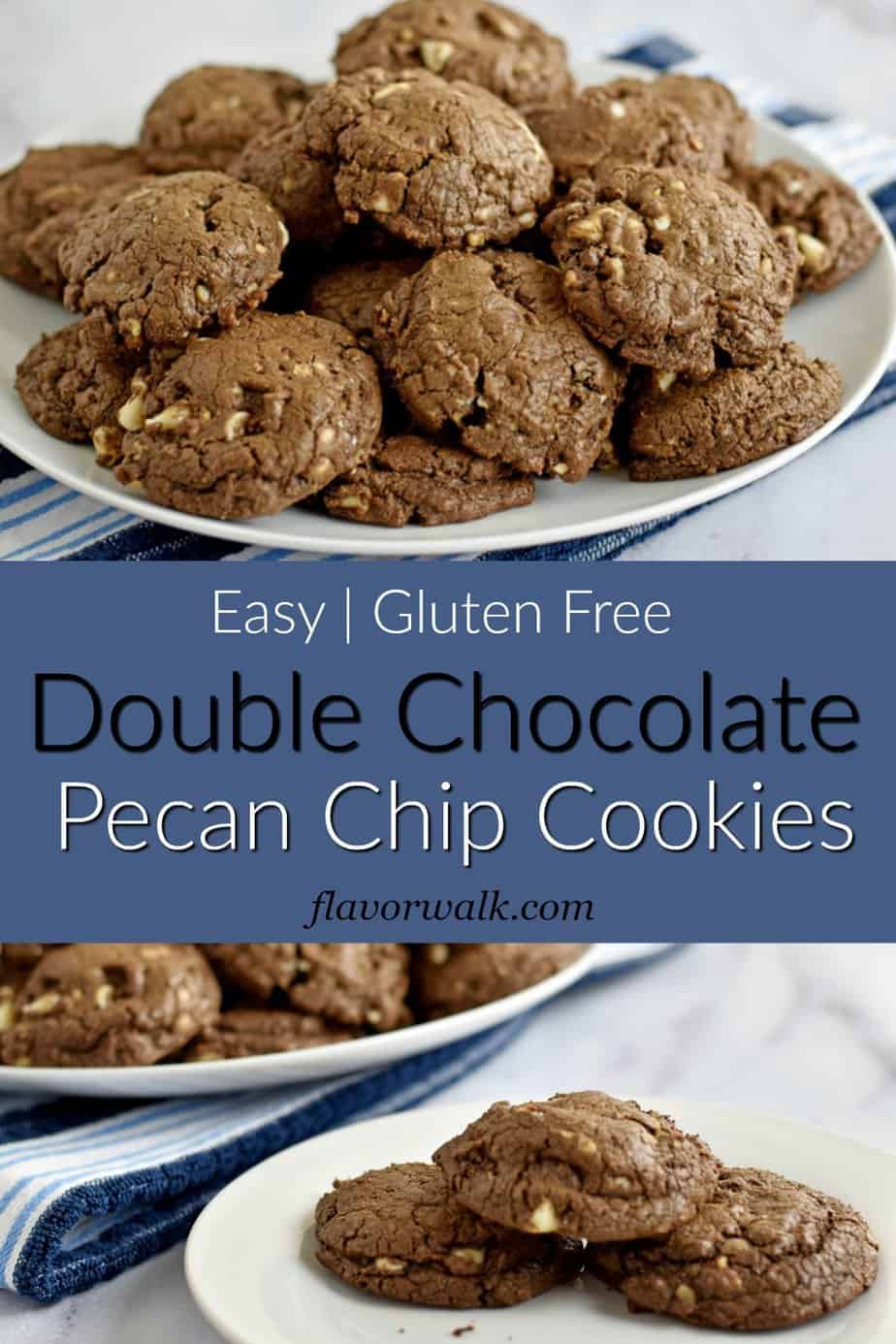Top image is a white plate filled with gluten free chocolate chip pecan cookies, middle image is a blue text overlay, bottom image is 3 chocolate chip pecan cookies on a small white plate with additional cookies in the background.