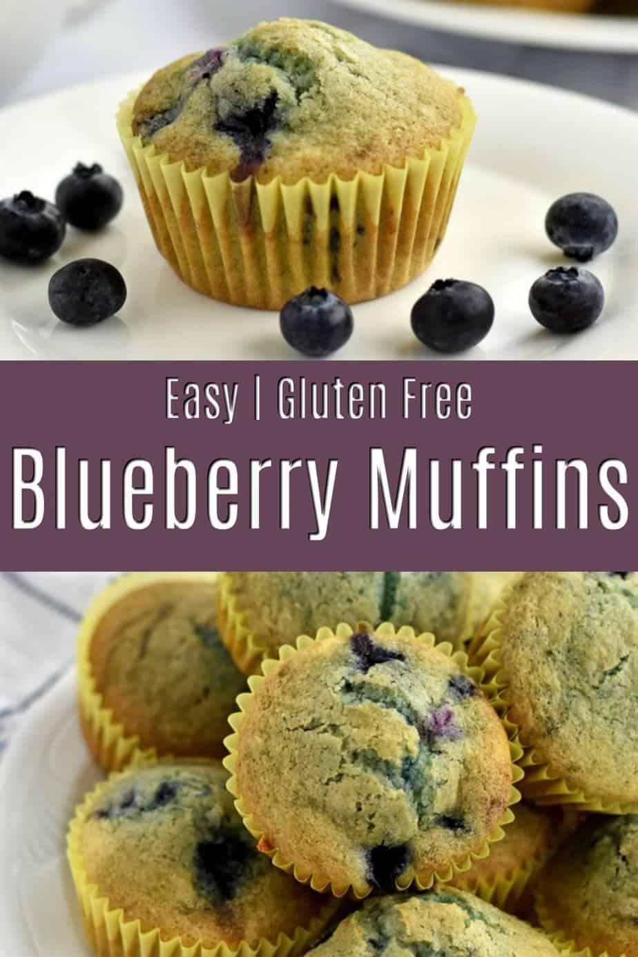 Top image is 1 gluten free blueberry muffin and blueberries on a white plate, middle image is purple text overlay, and bottom image is stack of gluten free blueberry muffins on a white plate.