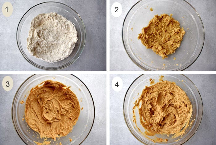 Process shots 1-4 for making gluten free peanut butter cookies.