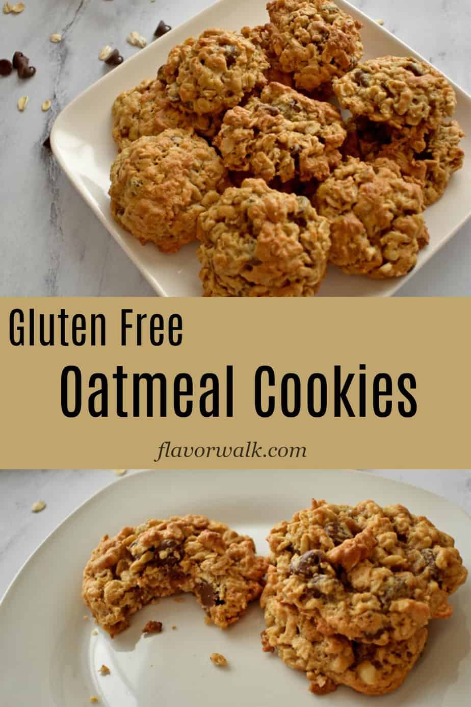 Top image is a stack of gluten free oatmeal cookies on a square white plate, middle image is a text overlay, and bottom image is three gluten free oatmeal cookies on a white plate.