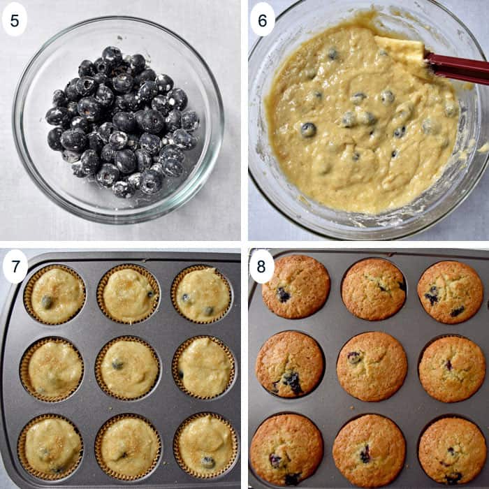 Process shots 5-8 for making gluten free banana blueberry muffins.
