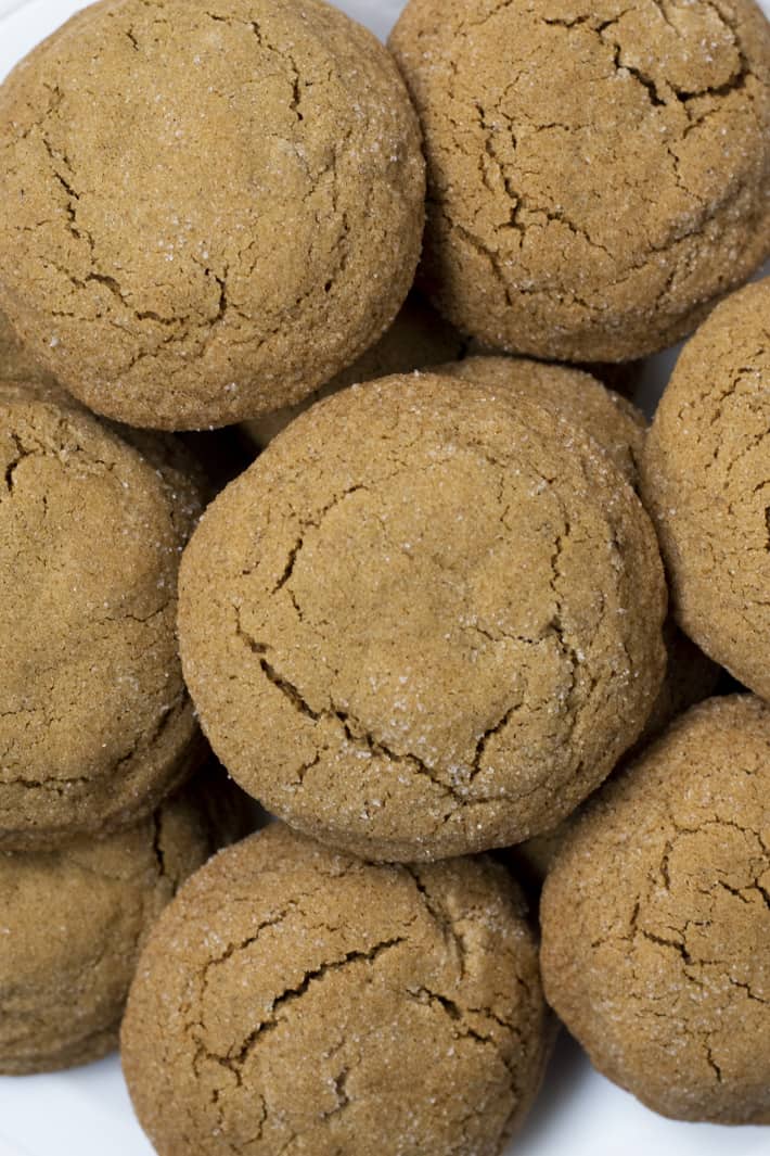 Overhead close-up of a stack of gluten free molasses cookies.