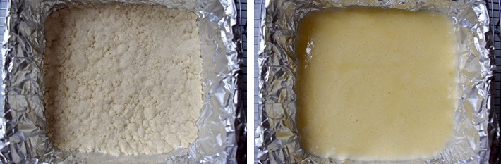 First image is the baked crust for gf lemon bars in a foil-lined baking dish. Second image is the lemon bar filling on top of the baked crust.