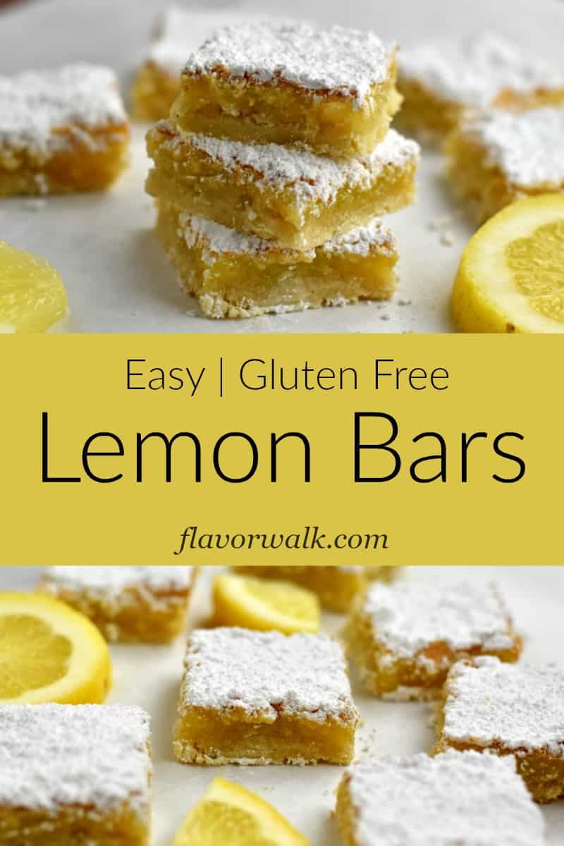 Upper image is a stack of 3 gluten free lemon bars on parchment paper with lemon slices and other lemon bars around the stack. Second image is a yellow text overlay. Bottom image is gluten free lemon bars and lemon slices on parchment paper.