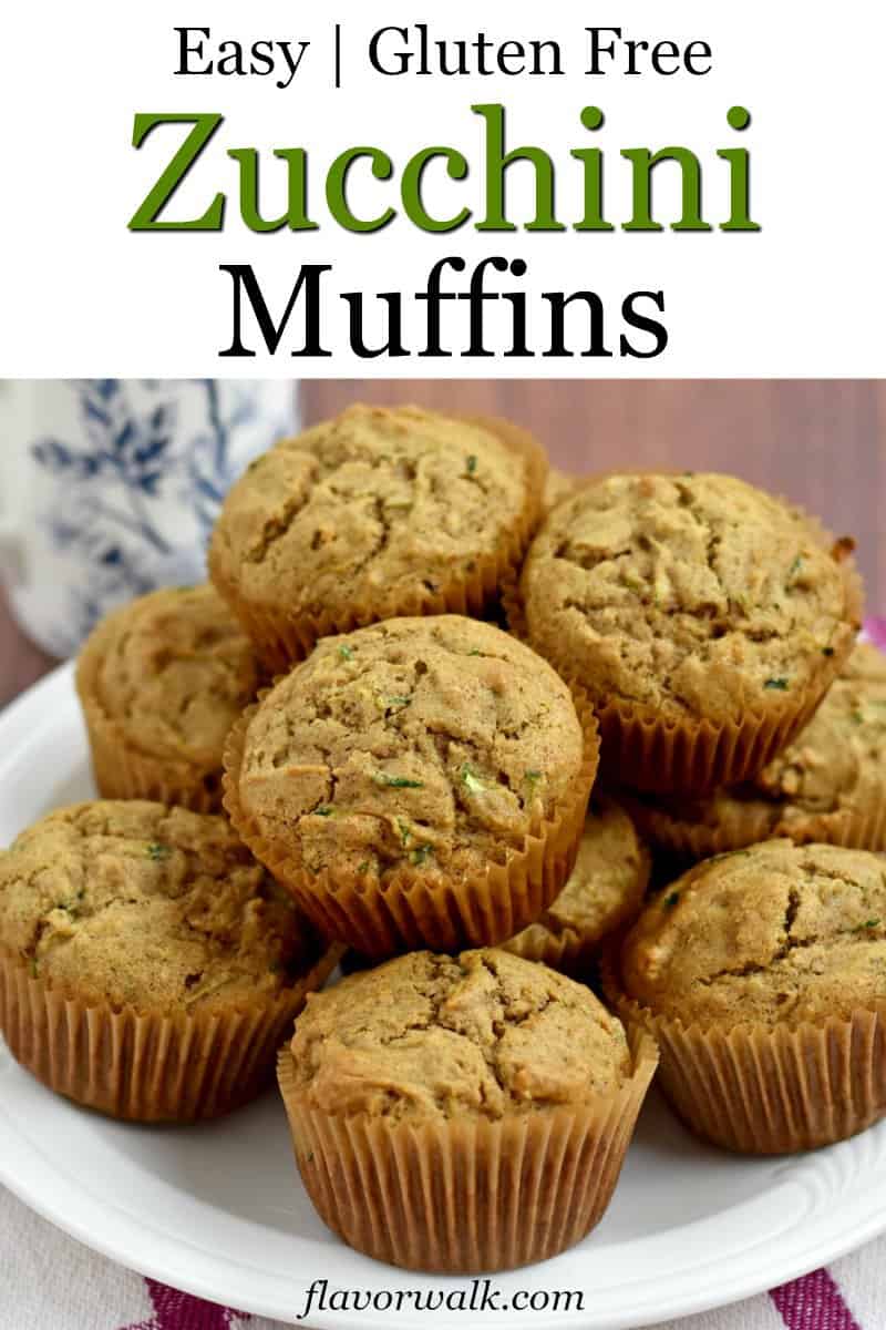 Top image is text overlay and bottom image is a stack of gluten free zucchini muffins on a white round plate with a blue and white decorative coffee cup in the background.