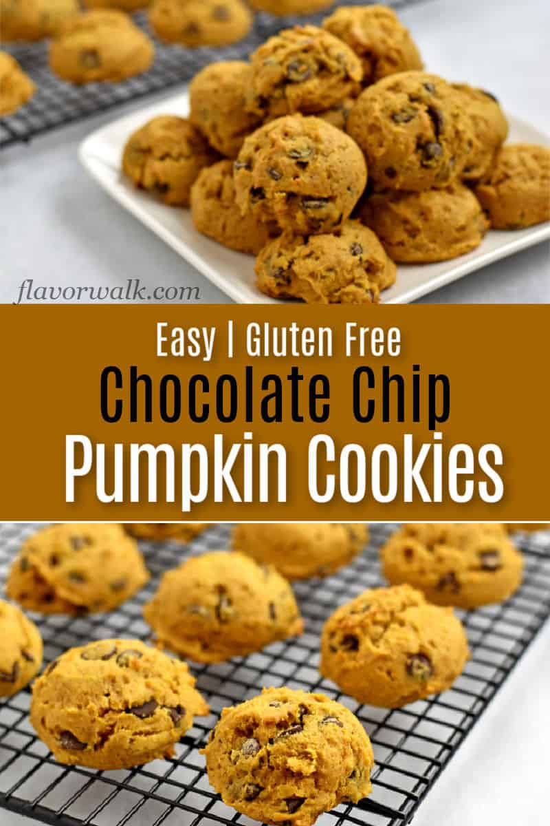 Top image is a stack of gluten free chocolate chip pumpkin cookies on a square white plate with more cookies in the background, bottom image is gluten free chocolate chip pumpkin cookies cooling on a wire rack, and a brown text overlay between the two image.