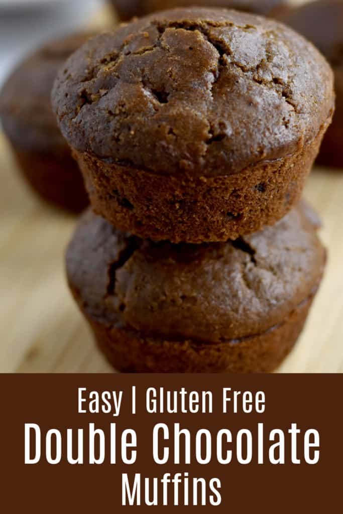 Top image is a stack of 2 gluten free double chocolate muffins and more muffins in the background. Bottom image is brown box with white text overlay.