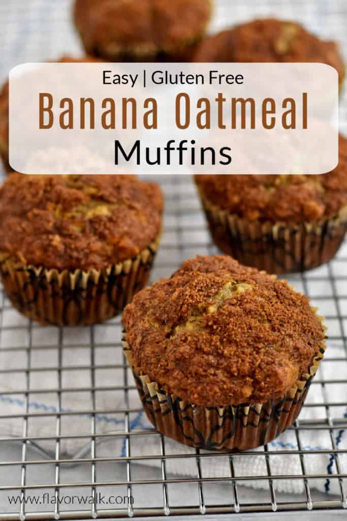 6 gluten free banana oatmeal muffins on a wire cooling rack with a white and black text overlay near the top of image.