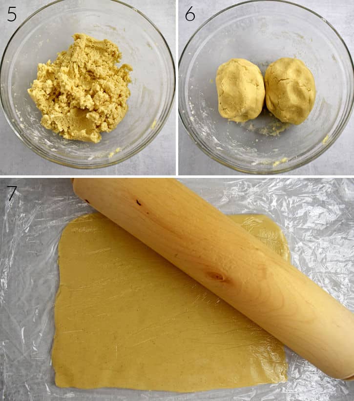 Process shots 5-7 for making gluten free cinnamon roll cookies