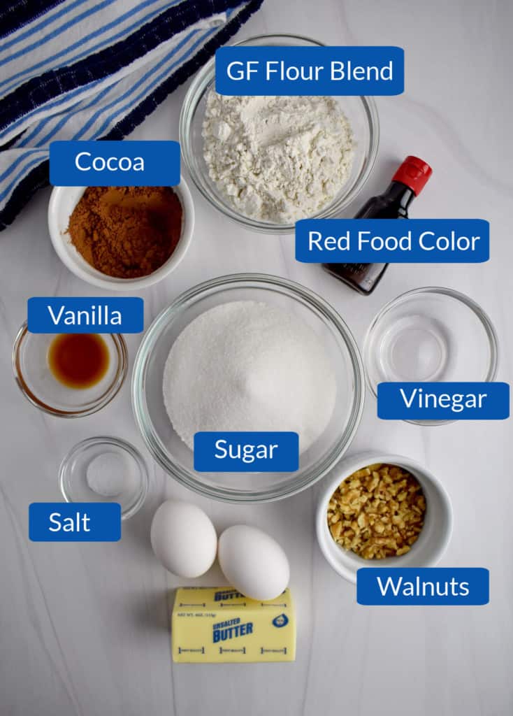 Overhead view of ingredients for making the brownie layer in gluten free red velvet brownies.