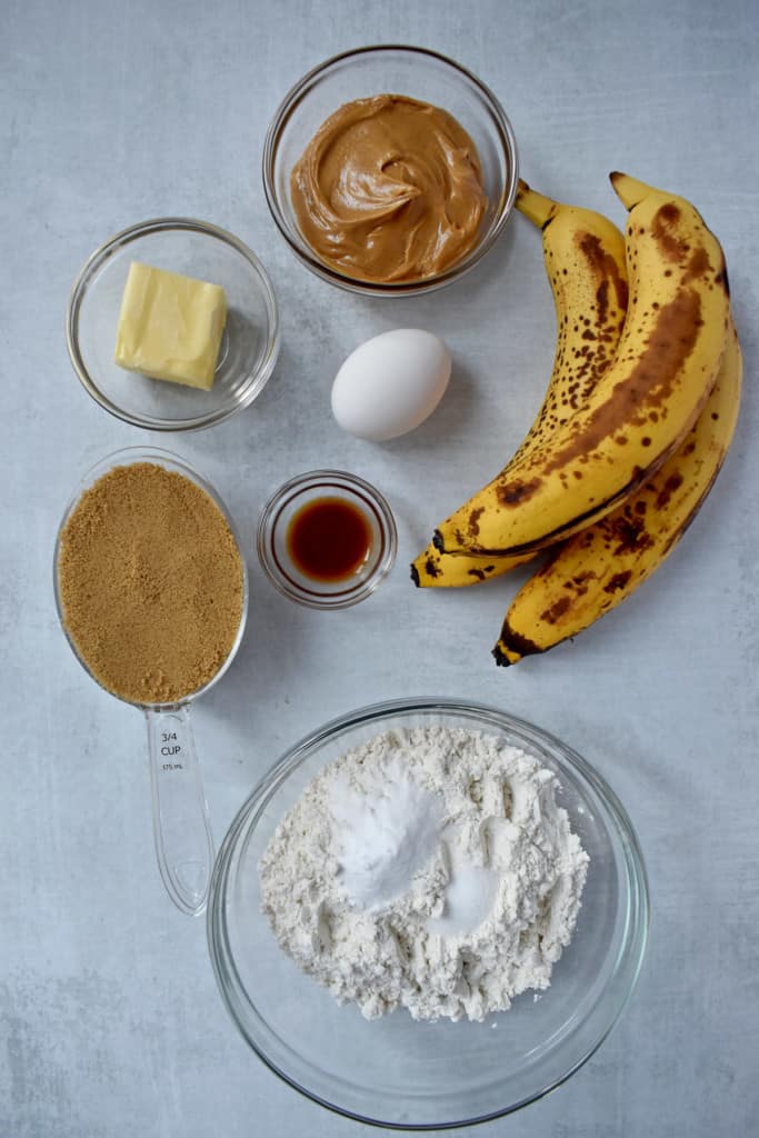 Overhead view of the ingredients for making gluten free peanut butter banana bread.