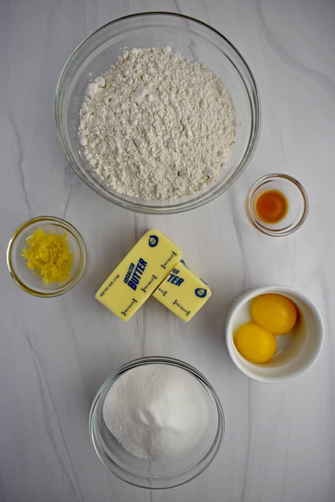 Overhead view of ingredients needed to make gluten free lemon cookies.