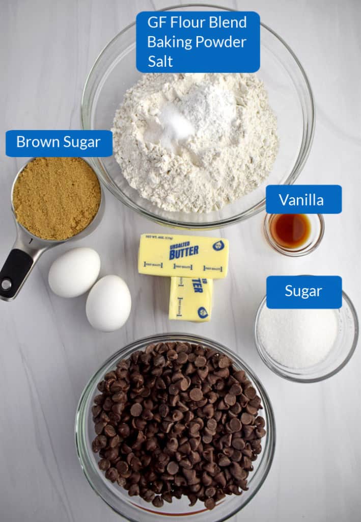 Overhead view of ingredients needed for making gluten free chocolate chip cookie dough bars.
