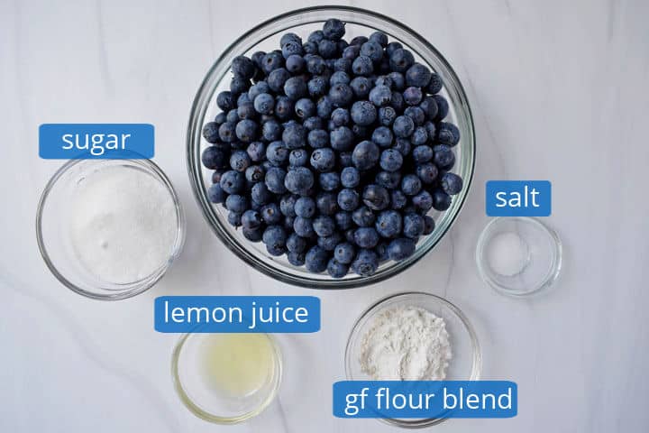 Overhead view of ingredients for making the filling for blueberry crisp.