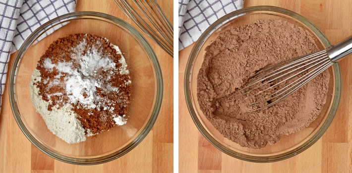 Image on the left is overhead view of dry ingredients for making gf chocolate zucchini muffins in a bowl before being whisked together and image on the right is after the ingredients after being whisked together.