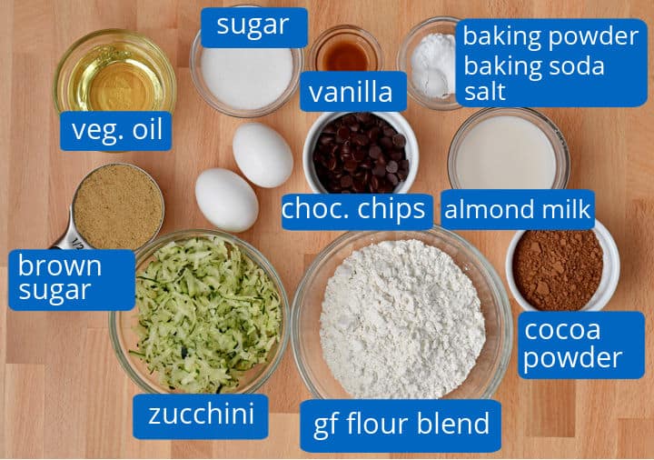 Overhead view of ingredients for making gf chocolate zucchini muffins.