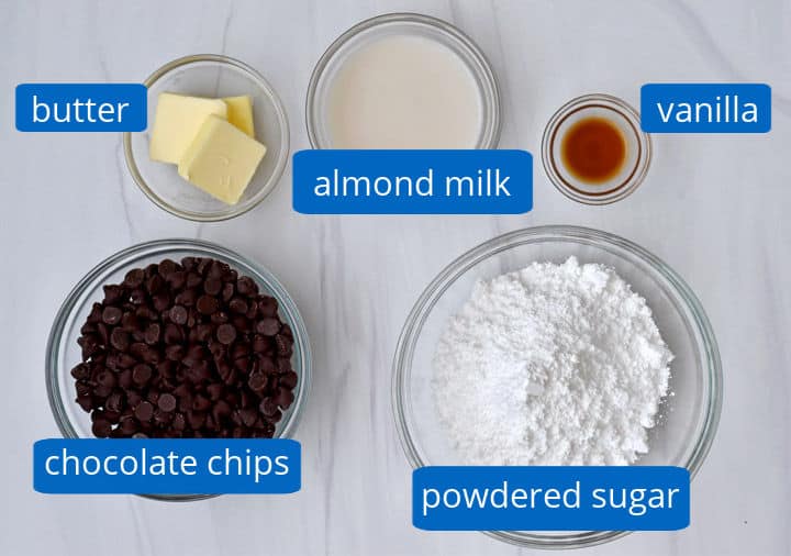 Overhead view of the ingredients for making chocolate frosting.