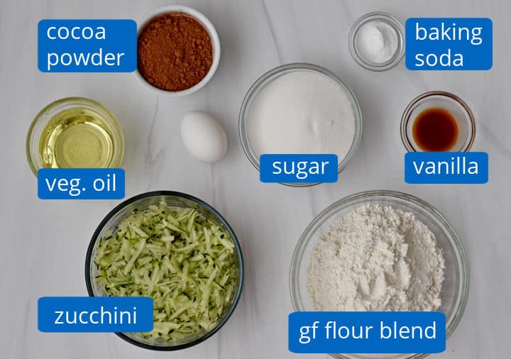 Overhead view of the ingredients for making gluten free zucchini brownies.