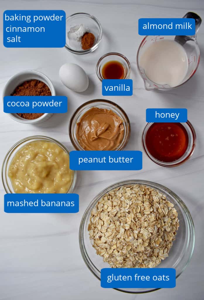 Overhead view of all the ingredients needed for making chocolate peanut butter oatmeal cups.
