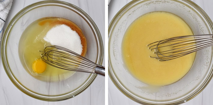 Overhead view of a glass mixing bowl containing vegetable oil, sugar, 1 egg, vanilla extract and a whisk on the left and the same ingredients after they've been whisked on the right.