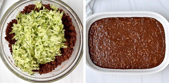 Overhead view of a glass mixing bowl with grated zucchini being added to brownie batter on the left and the completely mixed brownie batter in a 9x13-inch baking pan on the right.
