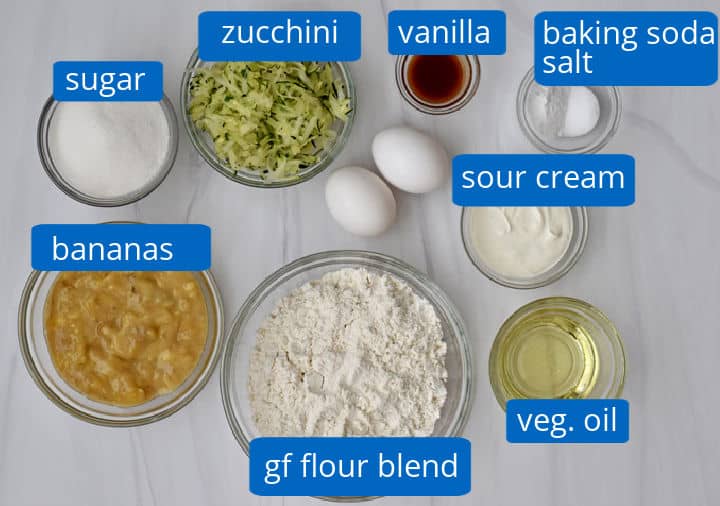 Overhead view of ingredients with labels for making gluten free zucchini banana bread.