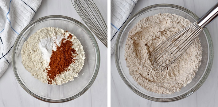 Image on left is overhead view of glass mixing bowl containing gluten free flour blend, baking soda, baking powder, and pumpkin pie spice before being whisked together. Image on right is overhead view of glass mixing bowl and wire whisk after the dry ingredients were whisked together.
