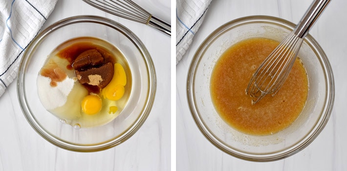 Image on left is overhead view of glass mixing bowl containing granulated sugar, brown sugar, eggs, vegetable oil, and vanilla. Image on right is same glass mixing bowl with wire whisk after ingredients were whisked together.