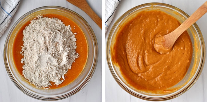 Image on left is overhead view of glass mixing bowl with dry ingredients being added to wet ingredients for pumpkin muffins. Image on the right is overhead view of glass mixing bowl and wooden spoon after the dry and wet ingredients for pumpkin muffins have been stirred together.