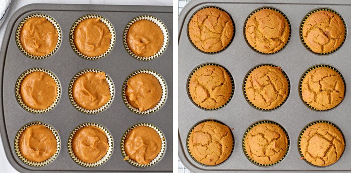 Image on the left is an overhead view of pumpkin muffin batter in muffin pan lined with baking cups. Image on the right is an overhead view of the same muffin pan with muffins that have been baked.